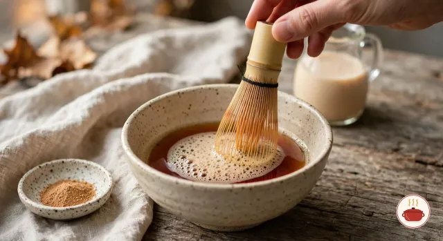 A bamboo whisk held upright in a speckled stoneware bowl of frothy, reddish-brown hojicha, with a small dish of hojicha powder and a glass jug of milk beside it