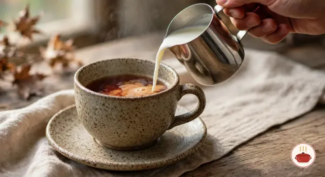 Steamed milk poured from a steel pitcher into a speckled stoneware cup of dark hojicha, the drink turning caramel tan where they meet