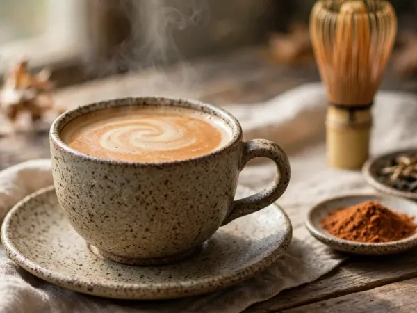 A hot hojicha latte in a speckled stoneware cup on its saucer, caramel brown under a swirl of milk foam and a wisp of steam, with small dishes of reddish-brown hojicha powder and roasted hojicha leaves and a bamboo tea whisk beside it