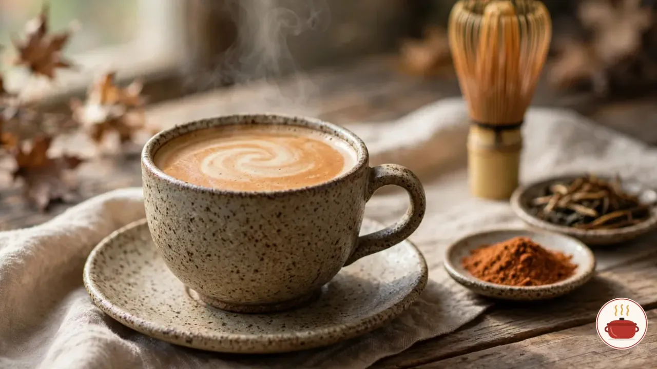A hot hojicha latte in a speckled stoneware cup on its saucer, caramel brown under a swirl of milk foam and a wisp of steam, with small dishes of reddish-brown hojicha powder and roasted hojicha leaves and a bamboo tea whisk beside it
