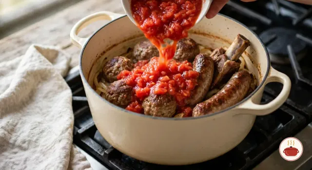 Crushed tomatoes poured from a white bowl over browned meatballs, sausages and a pork rib in a cream enameled cast-iron Dutch oven on a gas burner