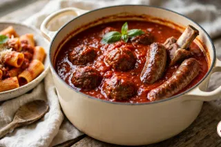 Italian Sunday gravy in a cream enameled cast-iron Dutch oven, meatballs, sausages and a pork rib in deep red sauce, a bowl of rigatoni beside it