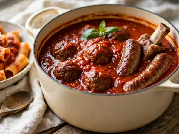 Italian Sunday gravy in a cream enameled cast-iron Dutch oven, meatballs, sausages and a pork rib in deep red sauce, a bowl of rigatoni beside it