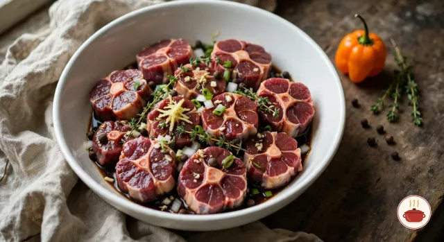 Raw pieces of oxtail in a white bowl with a dark soy marinade, chopped onion and scallions, garlic, ginger, thyme sprigs and whole allspice berries, a whole orange scotch bonnet and more thyme on the wooden counter beside it