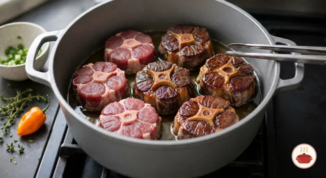 Seven pieces of oxtail browning in a silver cast-aluminium Dutch pot on a gas stove, four turned to show a dark seared crust and three still red, tongs resting on the rim and thyme, scallions and a scotch bonnet on the counter