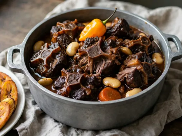 Jamaican oxtail stew in a silver cast-aluminium Dutch pot, dark glossy pieces of oxtail falling from the bone with butter beans, a round of carrot and a whole orange scotch bonnet, beside a plate of rice and peas with fried ripe plantain