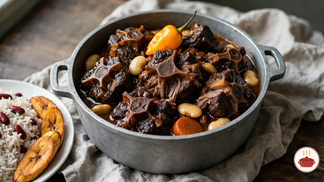 Jamaican oxtail stew in a silver cast-aluminium Dutch pot, dark glossy pieces of oxtail falling from the bone with butter beans, a round of carrot and a whole orange scotch bonnet, beside a plate of rice and peas with fried ripe plantain