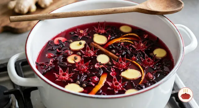 Dried sorrel calyces, swollen and deep red, floating with coins of fresh ginger, a cinnamon stick, strips of orange peel and pimento berries in ruby-red liquid in a white enamel pot with a red rim, a wooden spoon resting across the top