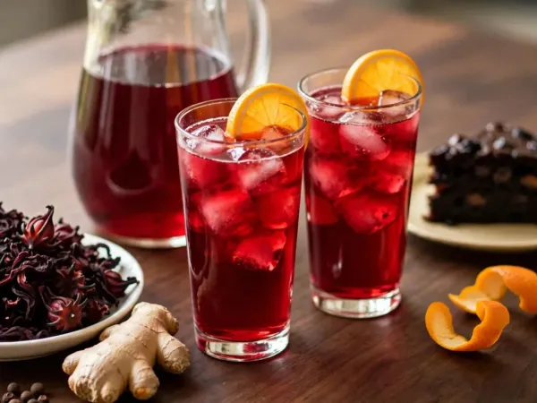 Two tall glasses of ruby-red Jamaican sorrel over ice with orange slices on the rims and a glass pitcher of sorrel behind, a white bowl of dried sorrel calyces, a knob of fresh ginger and whole pimento berries on the left, curls of orange peel and a slice of dark Christmas fruit cake on the right