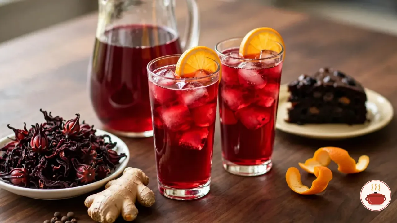Two tall glasses of ruby-red Jamaican sorrel over ice with orange slices on the rims and a glass pitcher of sorrel behind, a white bowl of dried sorrel calyces, a knob of fresh ginger and whole pimento berries on the left, curls of orange peel and a slice of dark Christmas fruit cake on the right