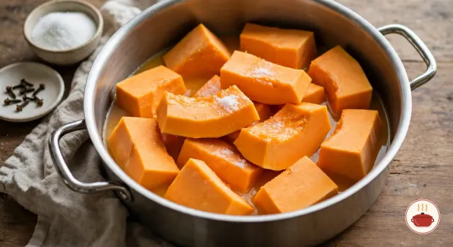 Raw orange pumpkin pieces in a wide stainless-steel pot after resting overnight with sugar, half covered by a clear pale-orange juice, a little undissolved sugar still on top