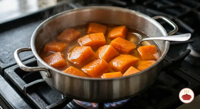 Pumpkin pieces simmering gently in a clear orange-amber syrup in a wide stainless-steel pot on a gas burner, glossy and starting to turn translucent at the edges, a spoon resting in the pot