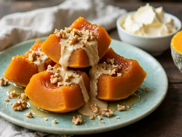 Glossy, peeled wedges of candied pumpkin piled on a pale blue-green plate, tahini poured over them and crushed walnuts scattered on top, a little amber syrup around them, beside a bowl of clotted cream and half a gray-green pumpkin