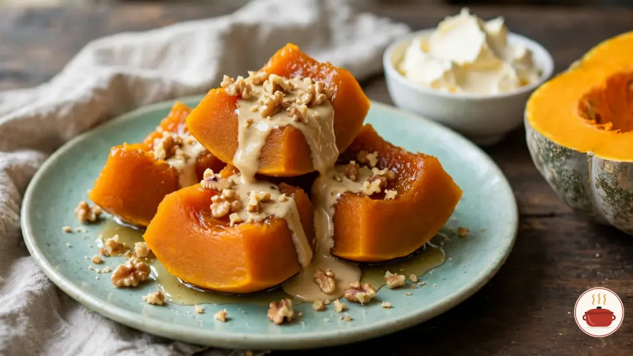 Glossy, peeled wedges of candied pumpkin piled on a pale blue-green plate, tahini poured over them and crushed walnuts scattered on top, a little amber syrup around them, beside a bowl of clotted cream and half a gray-green pumpkin