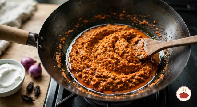 Thick orange-red khao soi curry paste frying in coconut cream in a dark carbon-steel wok on a gas stove, a thin layer of reddish oil at its edges and a wooden spatula in it, beside a bowl of coconut cream, black cardamom pods and shallots