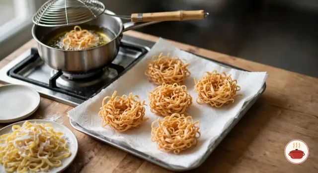 Five small golden nests of crispy fried egg noodles draining on paper towels on a steel tray, a small steel saucepan of oil with noodles frying in it on a gas burner behind, under a wire skimmer, and a plate of raw floured egg noodles