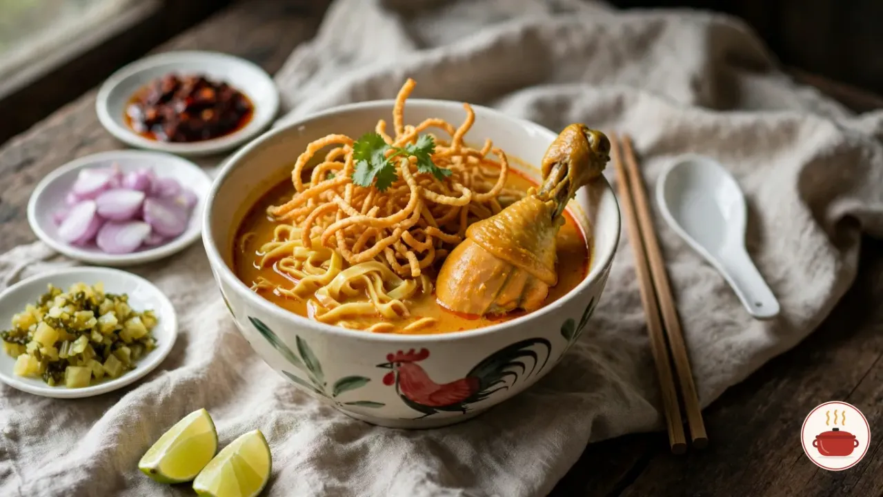 A bowl of khao soi in a white rooster bowl: orange-gold coconut curry with soft egg noodles, a chicken drumstick and a nest of crispy fried noodles with cilantro, beside small dishes of pickled mustard greens, sliced shallots and chili paste, lime wedges, chopsticks and a spoon
