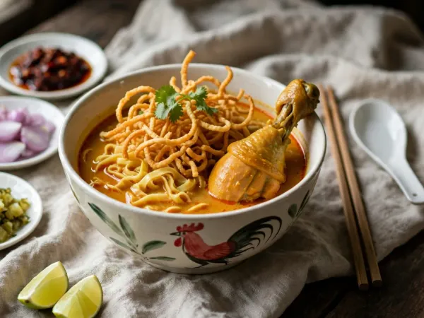 A bowl of khao soi in a white rooster bowl: orange-gold coconut curry with soft egg noodles, a chicken drumstick and a nest of crispy fried noodles with cilantro, beside small dishes of pickled mustard greens, sliced shallots and chili paste, lime wedges, chopsticks and a spoon