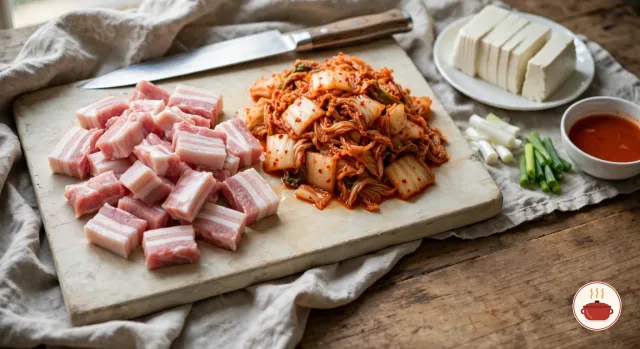Bite-sized pieces of raw pork belly and a heap of chopped orange-red napa cabbage kimchi on a wooden cutting board under a chef's knife, beside a plate of sliced white tofu, cut scallions with the whites and greens apart, and a small bowl of red kimchi brine