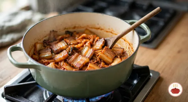 Chopped kimchi and browned pieces of pork belly frying together in a sage-green enameled Dutch oven on a gas burner, the kimchi soft and deep orange-red with a few browned edges, and a wooden spoon in the pot