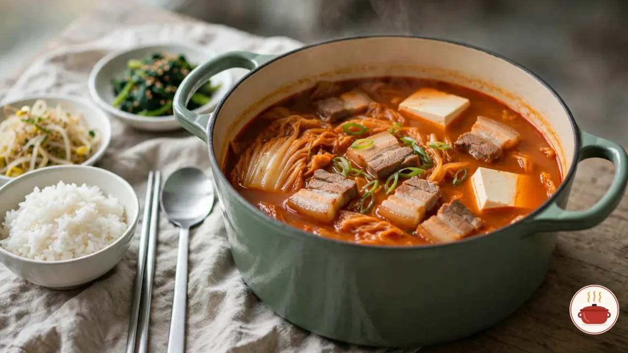 Kimchi jjigae in a sage-green enameled Dutch oven: soft orange-red kimchi, pieces of pork belly and white tofu in a deep red broth topped with sliced scallions, beside a bowl of white rice, steel chopsticks and a spoon, and small dishes of bean sprouts and spinach