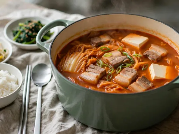 Kimchi jjigae in a sage-green enameled Dutch oven: soft orange-red kimchi, pieces of pork belly and white tofu in a deep red broth topped with sliced scallions, beside a bowl of white rice, steel chopsticks and a spoon, and small dishes of bean sprouts and spinach