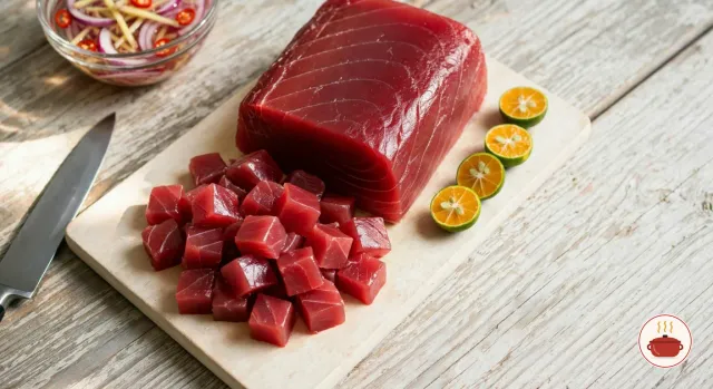 A block of deep red raw yellowfin tuna loin on a pale wooden board, half of it cut into ¾-inch cubes piled in front, a chef's knife beside it, halved calamansi on the board and a glass bowl of red onion, ginger and chili in vinegar behind