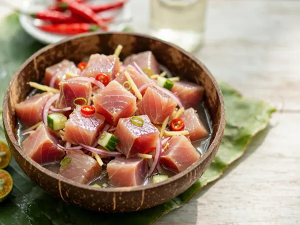 Tuna kinilaw in a polished coconut-shell bowl on a banana leaf: cubes of yellowfin tuna turned pale pink outside by the vinegar, with slivers of red onion, ginger matchsticks, rings of red chili, diced cucumber and spring onion, halved calamansi beside the bowl