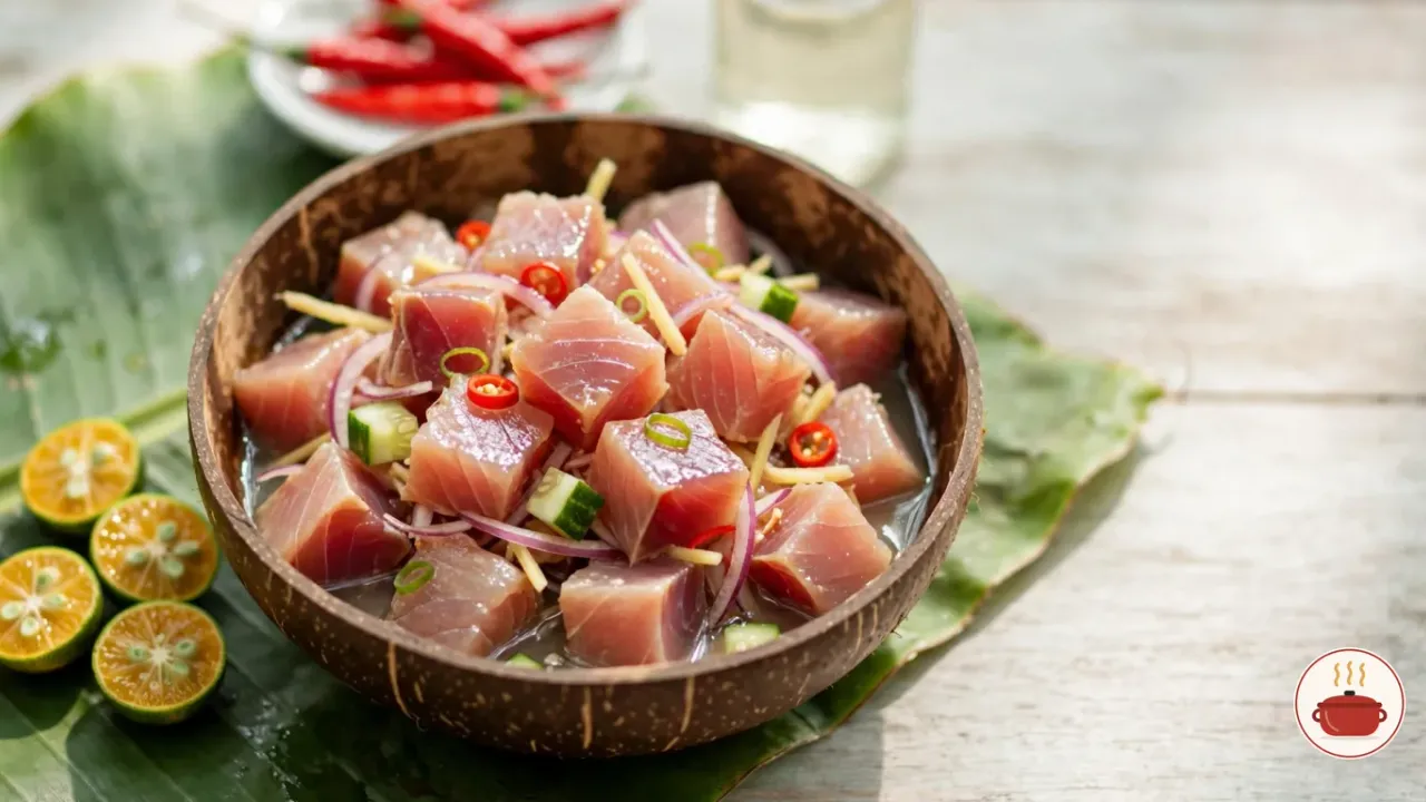 Tuna kinilaw in a polished coconut-shell bowl on a banana leaf: cubes of yellowfin tuna turned pale pink outside by the vinegar, with slivers of red onion, ginger matchsticks, rings of red chili, diced cucumber and spring onion, halved calamansi beside the bowl