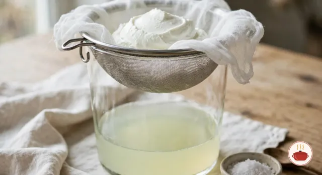 Thick white yogurt straining in a fine-mesh sieve lined with white cheesecloth, resting high over a tall glass bowl with pale yellow-green whey collected in the bottom, a small bowl of coarse salt beside it