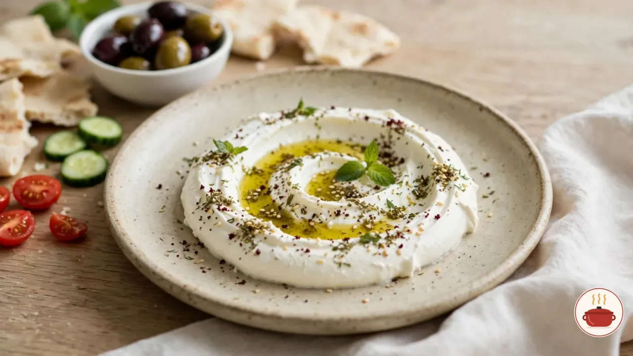 Homemade labneh spread on a speckled sand-coloured stoneware plate in a thick white swirl, the groove filled with golden-green olive oil and sprinkled with za'atar, sumac, sesame seeds and fresh mint, with a bowl of green and black olives, cucumber slices, halved cherry tomatoes and torn pita around it