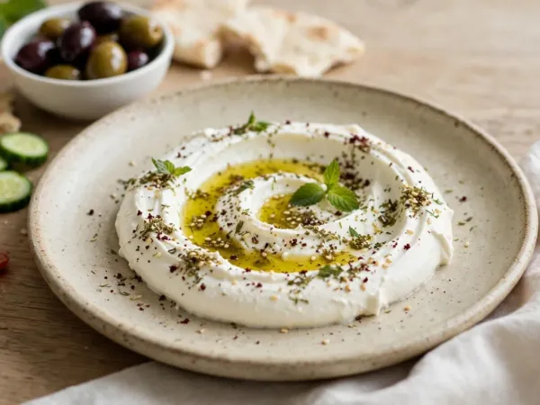 Homemade labneh spread on a speckled sand-coloured stoneware plate in a thick white swirl, the groove filled with golden-green olive oil and sprinkled with za'atar, sumac, sesame seeds and fresh mint, with a bowl of green and black olives, cucumber slices, halved cherry tomatoes and torn pita around it