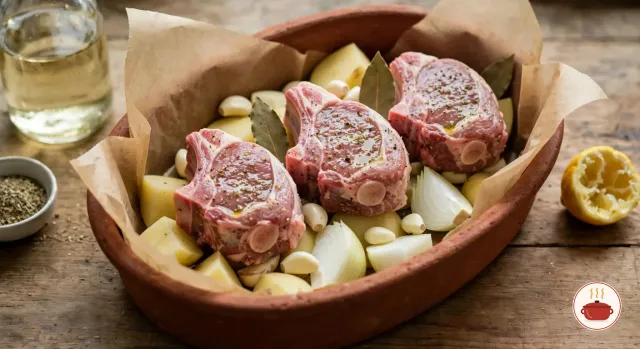 Three raw pieces of bone-in lamb shoulder rubbed with oil, pepper and oregano on raw potato chunks, onion wedges, garlic cloves and bay leaves in a terracotta dish lined with parchment, a squeezed lemon half and a jug of white wine beside it