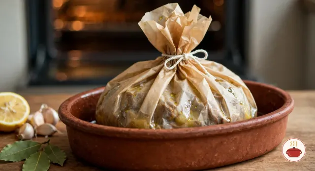 A parchment parcel gathered over the lamb and potatoes and tied with white kitchen string, in a terracotta dish in front of a warm oven, with bay leaves, garlic and a lemon half on the counter