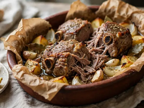 Lamb kleftiko in a deep oval terracotta dish lined with crumpled parchment: three golden pieces of slow-roasted lamb shoulder on the bone, pulling apart, over golden potatoes, onion, garlic and bay leaves, with lemon wedges and bread beside it