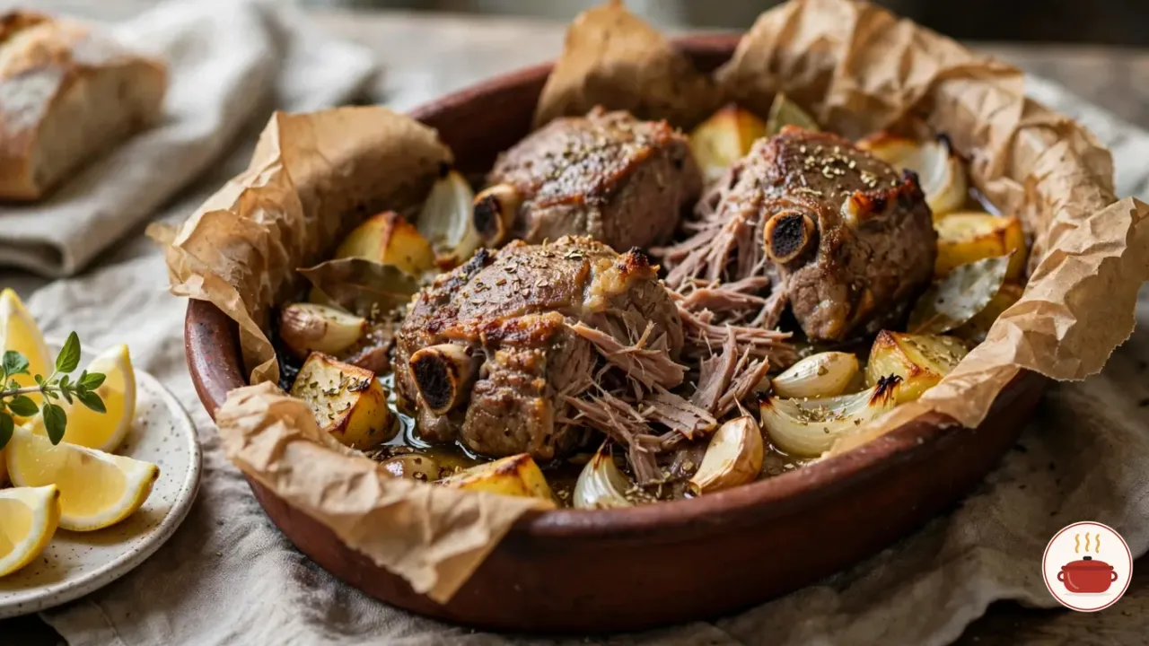 Lamb kleftiko in a deep oval terracotta dish lined with crumpled parchment: three golden pieces of slow-roasted lamb shoulder on the bone, pulling apart, over golden potatoes, onion, garlic and bay leaves, with lemon wedges and bread beside it