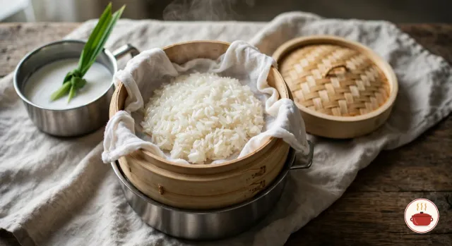 Freshly steamed glutinous rice on damp cheesecloth in a bamboo steamer set over a steel pot, the lid beside it, with a small saucepan of coconut milk and a pandan leaf on the left
