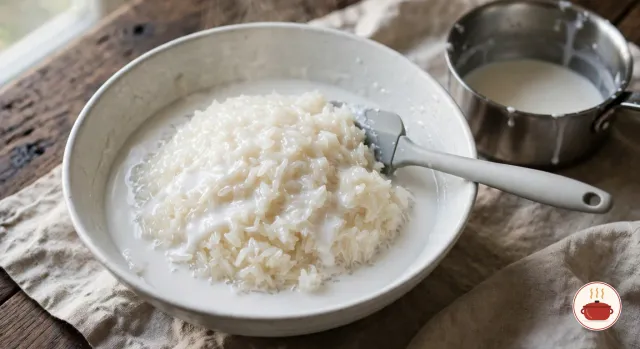 A mound of hot steamed sticky rice in a wide white bowl, drenched in sweet coconut milk that pools around it, with a spatula in the bowl and a small saucepan beside it