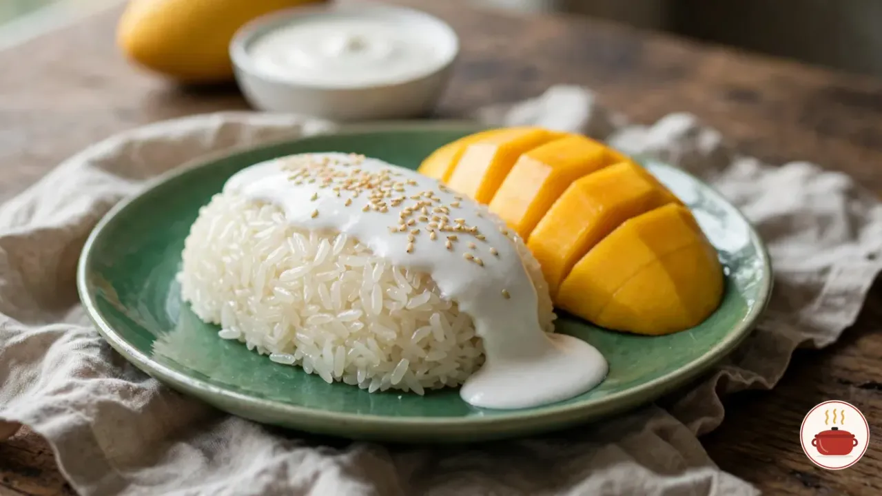 Thai mango sticky rice on a jade-green plate: a mound of glossy white sticky rice under a ribbon of thick salted coconut cream sprinkled with toasted sesame seeds, beside a fanned, peeled cheek of ripe yellow mango, with a bowl of coconut sauce and a whole mango behind