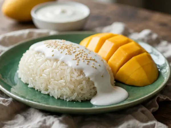 Thai mango sticky rice on a jade-green plate: a mound of glossy white sticky rice under a ribbon of thick salted coconut cream sprinkled with toasted sesame seeds, beside a fanned, peeled cheek of ripe yellow mango, with a bowl of coconut sauce and a whole mango behind