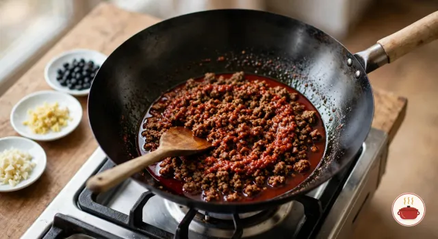 Browned crumbles of ground beef fried with chili bean paste in a black carbon-steel wok on a gas burner, the oil turned deep red at the edges, a wooden spatula in the wok and small bowls of garlic, ginger and fermented black beans beside it