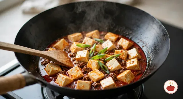 Soft white cubes of tofu simmering in a red chili bean sauce with crumbles of beef in a black carbon-steel wok on a gas burner, the back of a wooden spatula gently pushing the tofu and green onion pieces scattered on top