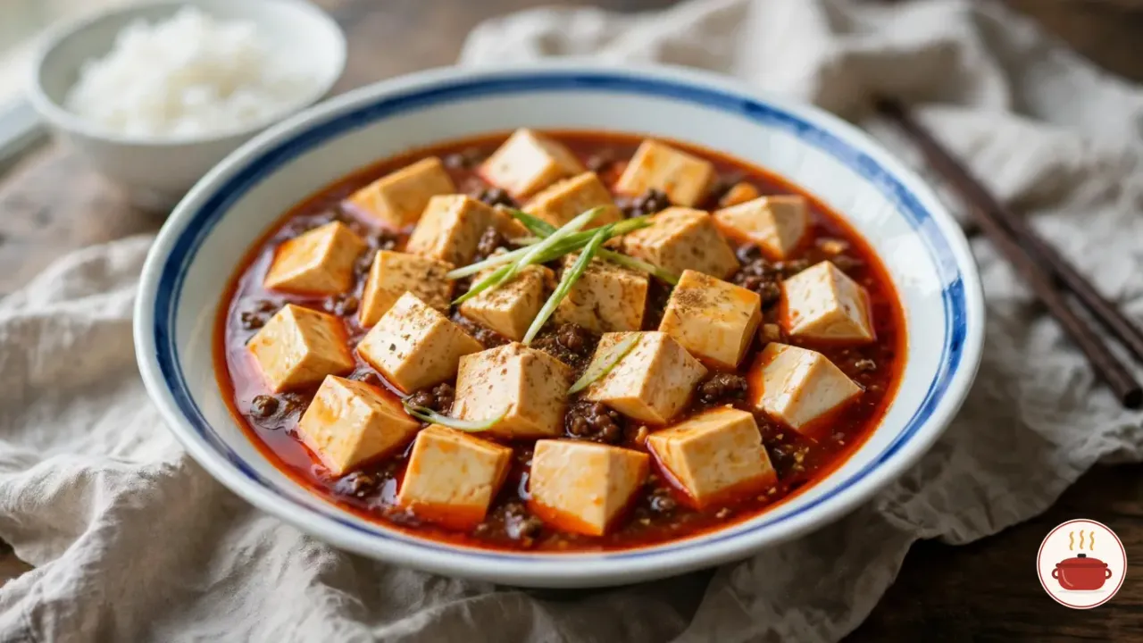 Mapo tofu in a white porcelain bowl with a blue band: soft cubes of tofu glazed in glossy red chili bean sauce with crumbles of beef, red oil at the edges, ground Sichuan pepper and thin slices of green onion on top, beside a bowl of steamed rice and a pair of chopsticks