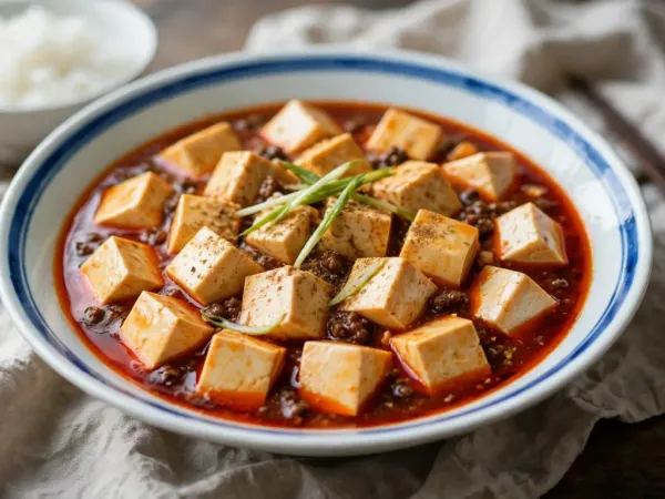 Mapo tofu in a white porcelain bowl with a blue band: soft cubes of tofu glazed in glossy red chili bean sauce with crumbles of beef, red oil at the edges, ground Sichuan pepper and thin slices of green onion on top, beside a bowl of steamed rice and a pair of chopsticks