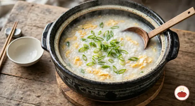 The same charcoal-black donabe after the meal, now holding zosui: rice simmered in the cloudy chicken broth with ribbons of fully set yellow-and-white egg, scattered with sliced green scallions, a wooden ladle resting in it