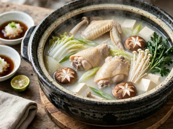 Hakata mizutaki in a wide charcoal-black donabe clay pot on a wooden trivet: bone-in chicken pieces, one a whole wing, in a cloudy, milky white broth with napa cabbage, sliced long green onion, star-cut shiitake, enoki, cubes of tofu and chrysanthemum greens, with two small bowls of ponzu topped with grated daikon, chopsticks and a halved green citrus beside it