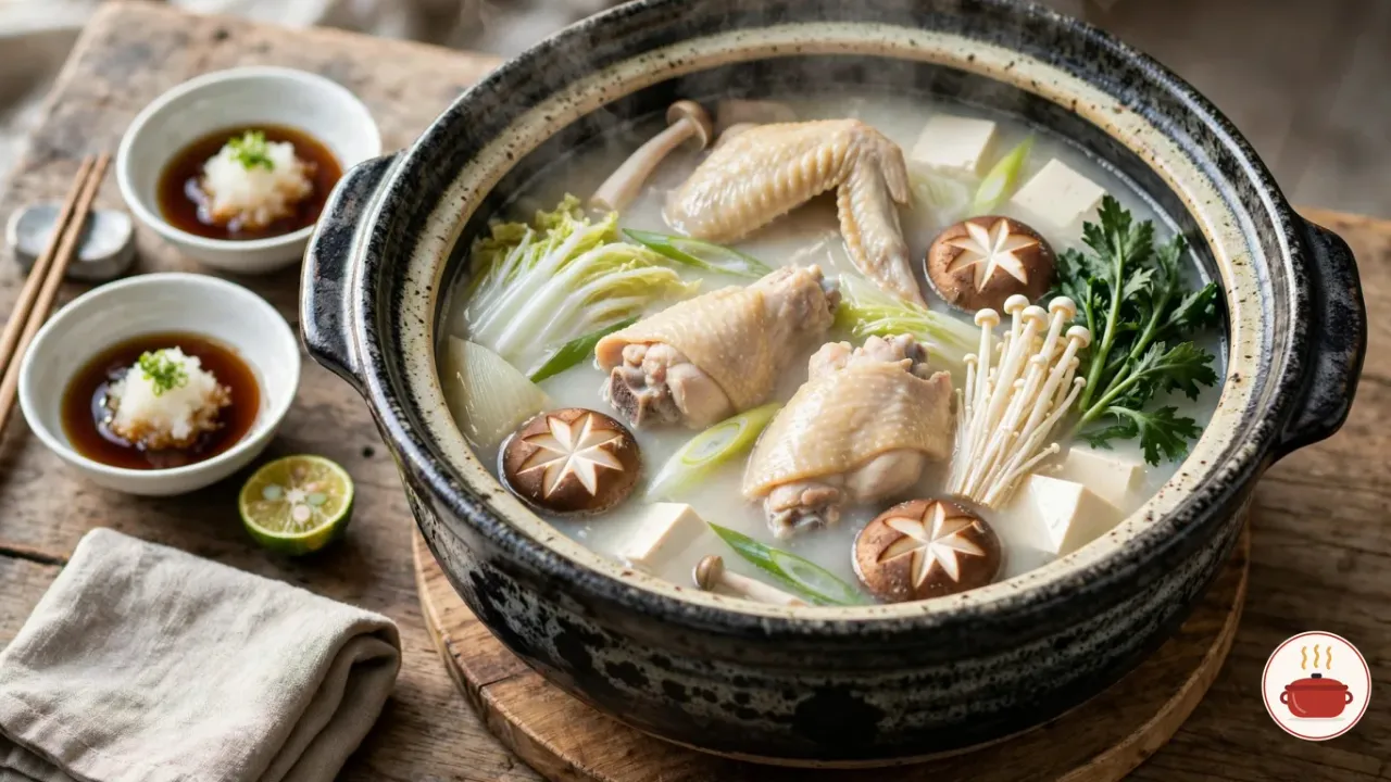 Hakata mizutaki in a wide charcoal-black donabe clay pot on a wooden trivet: bone-in chicken pieces, one a whole wing, in a cloudy, milky white broth with napa cabbage, sliced long green onion, star-cut shiitake, enoki, cubes of tofu and chrysanthemum greens, with two small bowls of ponzu topped with grated daikon, chopsticks and a halved green citrus beside it