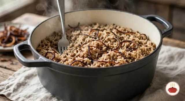 A fork fluffing just-cooked mujadara in a charcoal-grey enameled Dutch oven, the rice and brown lentils loose and steaming with strands of dark fried onion folded through, and a plate of crisp fried onions beside the pot