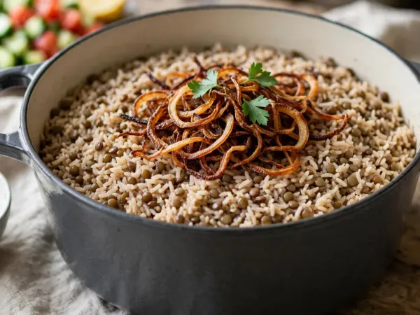 Mujadara in a charcoal-grey enameled Dutch oven: fluffy rice and brown lentils under a pile of dark fried onions and a few parsley leaves, with a bowl of plain yogurt beside the pot and a cucumber and tomato salad behind it