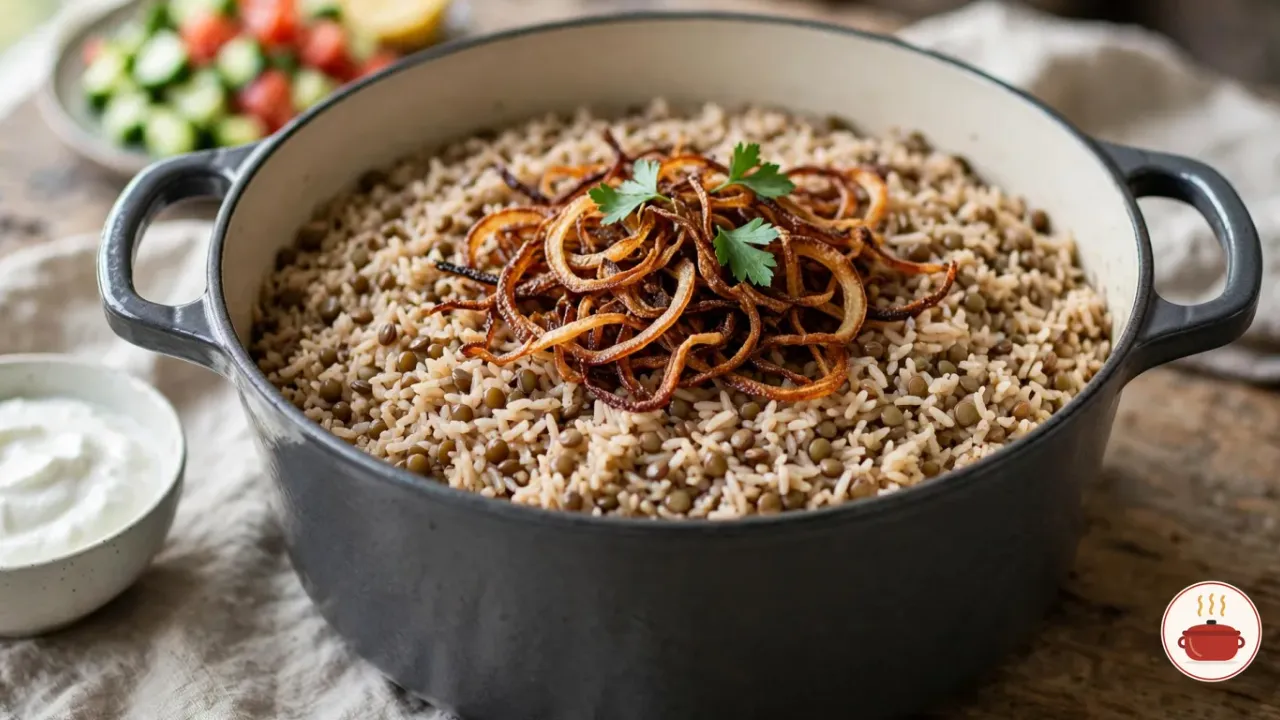 Mujadara in a charcoal-grey enameled Dutch oven: fluffy rice and brown lentils under a pile of dark fried onions and a few parsley leaves, with a bowl of plain yogurt beside the pot and a cucumber and tomato salad behind it